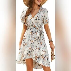 NWT Women's V Neck Short Sleeve Floral Boho Ruffle A Line Midi Dress, XXL